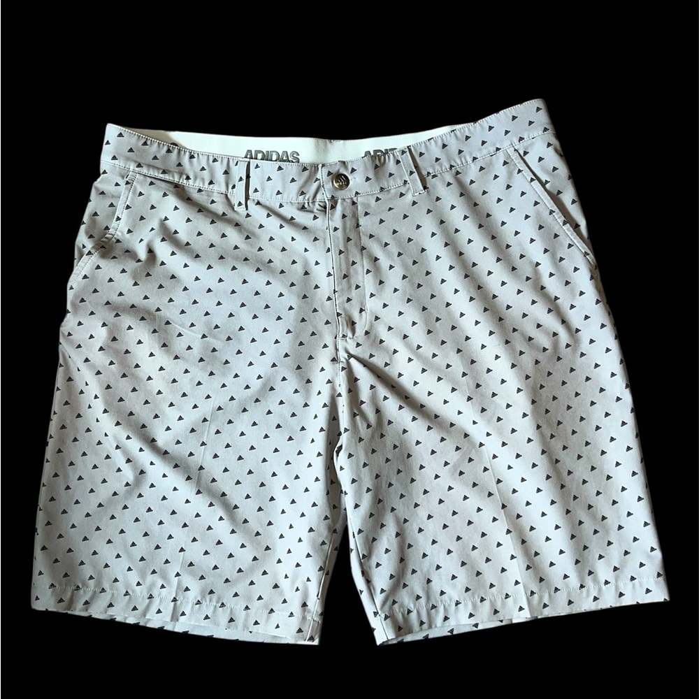 Men’s adidas golf shorts size 38 gray black spell out logo  coach fall sporty